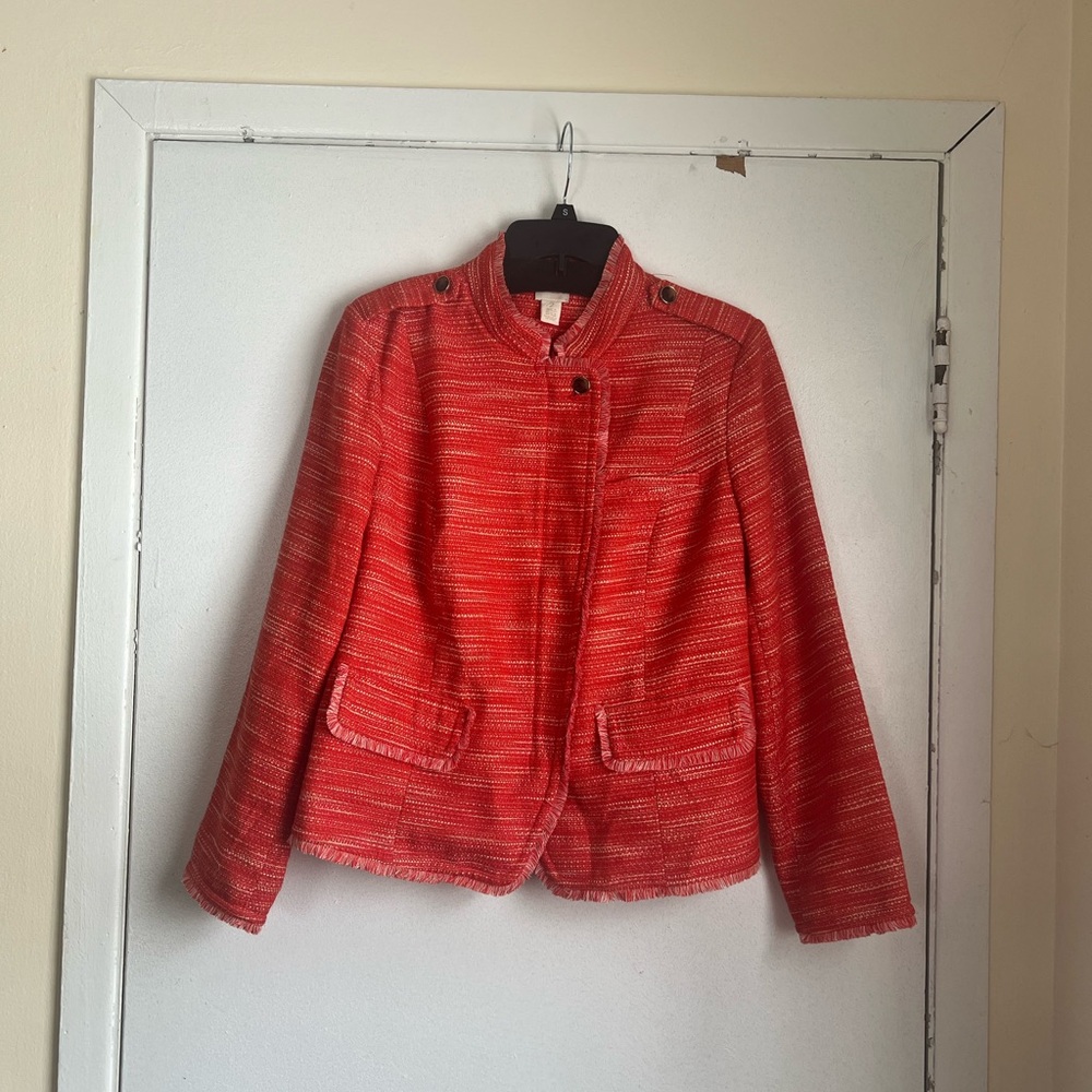 Chico's Orange Tweed Fringe
Asymmetrical Zip Jacket Chicos
Size 2 (Large)